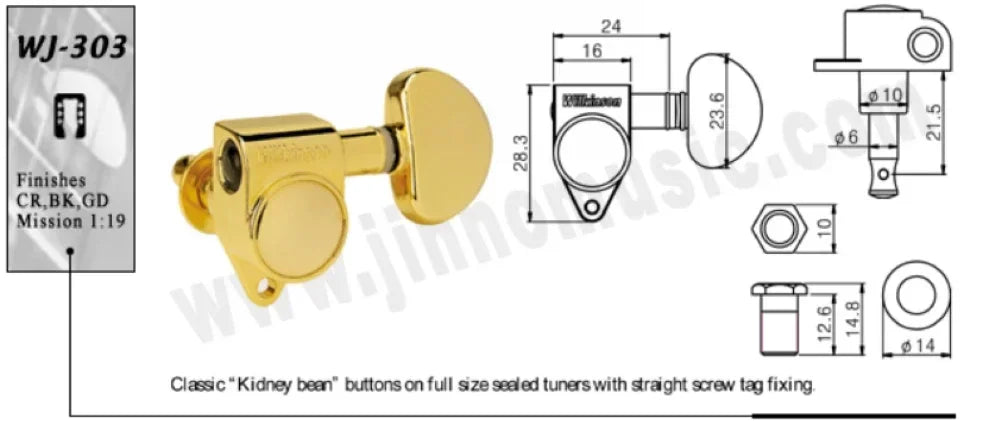 Wilkinson WJ303 3+3 Guitar Tuners 19:1 – Chrome/Black/Gold for LP/SG