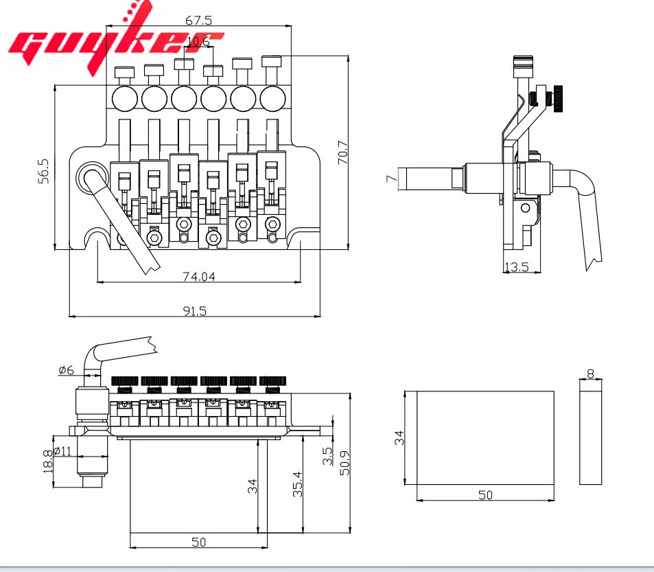 1 Set GUYKER 6 String Tremolo Bridge Double Locking System Bridge