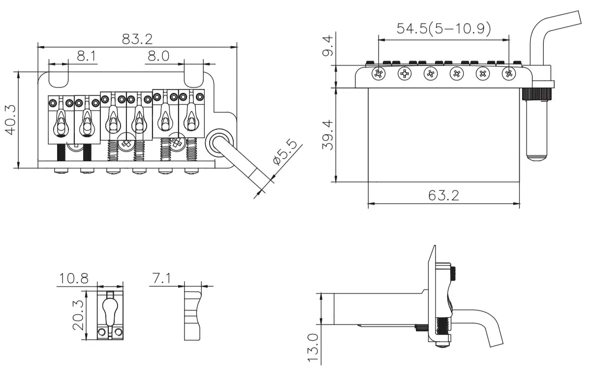 Guyker Non-locking 2 Point String Spacing 10.8MM Guitar Bridge With Tremolo System Saddle And Brass Block